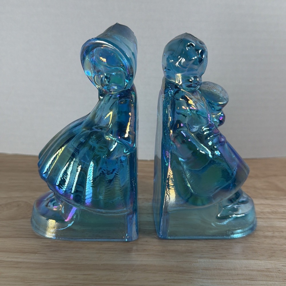 1970s Vintage Wheaton Turquoise Blue Carnival Glass Girl/Boy Bookends